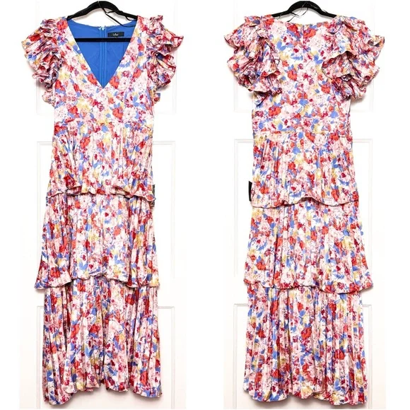 NWT LULUS Floral Satin Tiered Pleated Ruffle Fairycore Wedding Guest Dress M - Picture 3 of 5